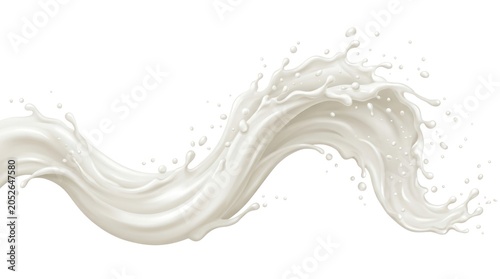 A dynamic splash of milk against a white background, evoking a sense of freshness and purity, showcasing a fluid movement and a burst of bubbles.