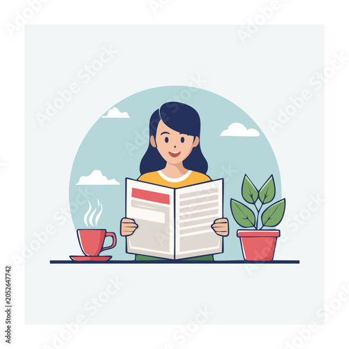 Woman reading newspaper with coffee and plant