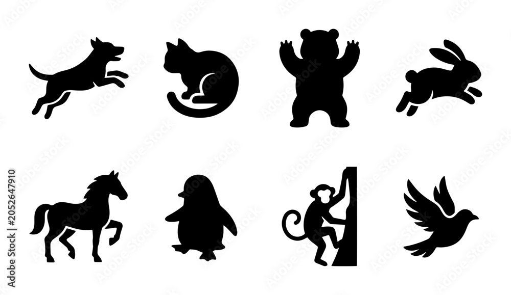 Obraz premium Diverse Animal Silhouettes Collection, Vector Icons for Wildlife and Pet Themes, Black Graphics for Design