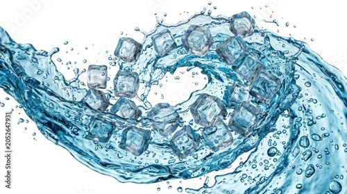A shipwrecked vessel is adrift in turbulent blue waters, with ice cubes and bubbles surrounding it.