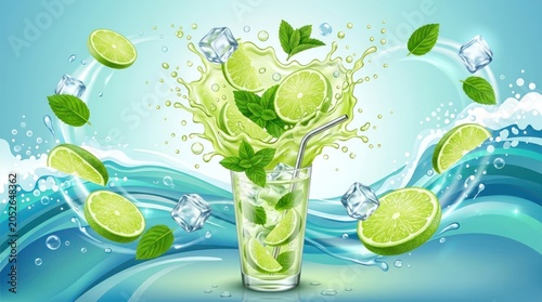 A vibrant scene of a refreshing mojito drink, with lime slices, ice cubes, and mint leaves splashing in a blue ocean wave backdrop.