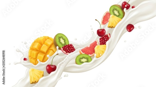 A vibrant scene of fresh fruits splashing in a milk stream.