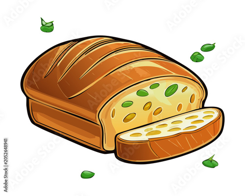 Obraz na plátně Loaf of fresh herb bread stuffed with green vegetable pieces and sliced neatly f