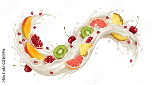 A vibrant splash of milk with various fruits suspended in it, including orange slices, kiwi pieces, 