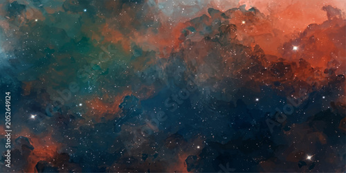 Quadro su tela Cosmic Dance: Abstract representation of nebula with swirling colors and distant stars, evoking a sense of wonder and the infinite expanse of the universe