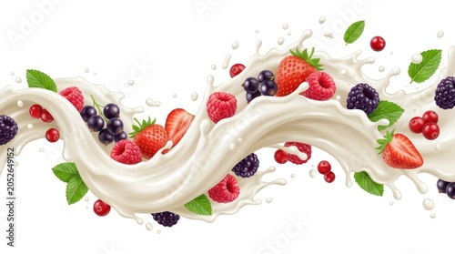 A vibrant splash of milk with fresh berries, including strawberries and blackberries, amidst a backdrop of white.