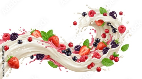 A vibrant splash of milk with fresh berries floating amidst it.