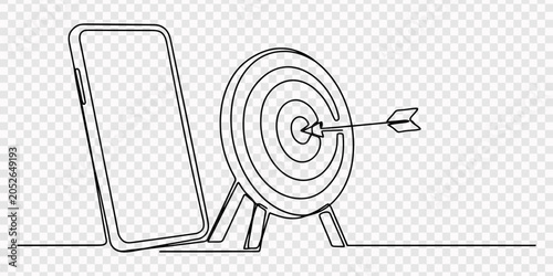 Foto a smartphone and a target on a stand, with an arrow continuous one line drawing, transparent background, Arrow exactly into goal of dartboard
