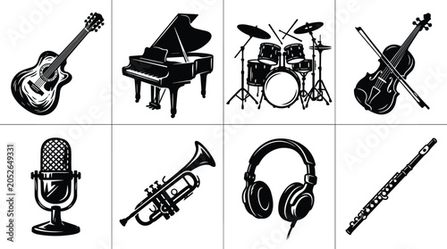 Foto Music Instruments and Audio Equipment Silhouette Icon Set with Guitar Piano Drum