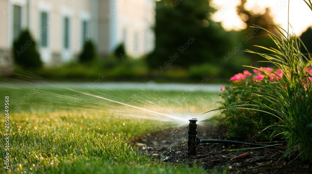 Obraz premium Commercial landscape management combines routine maintenance, efficient watering systems, and decorative planting to create welcoming business environments. 
