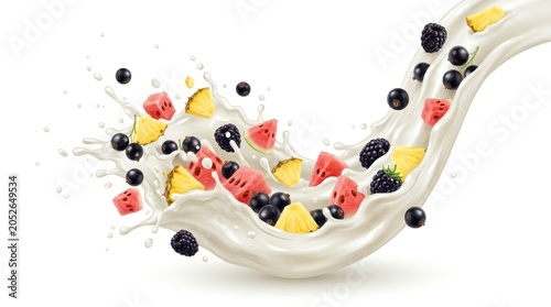 A vibrant milk splash is captured, with colorful berries and watermelon pieces suspended in the air.
