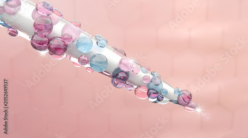 A transparent cosmetic pipette delivers a highly concentrated blend of multi colored vitamin spheres. 3D rendering.