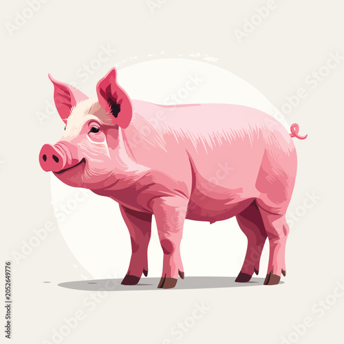 A cute pink pig illustration standing on a neutral background.