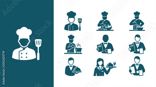 Fotografie Chef and waiter icon set, culinary and restaurant service staff flat vector illustrations