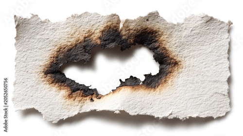 Torn and burned paper with textured hole and singed edges, isolated on white