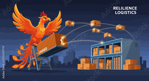 Dynamic Phoenix Mascot in Aggressive Pose for Cargo Rebuilding, a Fiery Emblem of Renewal and Strength