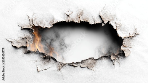 Torn white paper background with a burnt center hole and smoke-stained edges, isolated