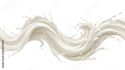 A dynamic wave of milk splashes across a white surface, evoking a sense of freshness and purity, with a background of light, creamy texture.