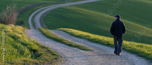 A senior man takes a leisurely stroll along a winding gravel path, immersed in the tranquility of nature, reflecting personal peace and the joys of outdoor life.
