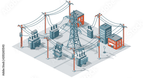 Isometric illustration of an electrical substation with power transmission towers and transformers.