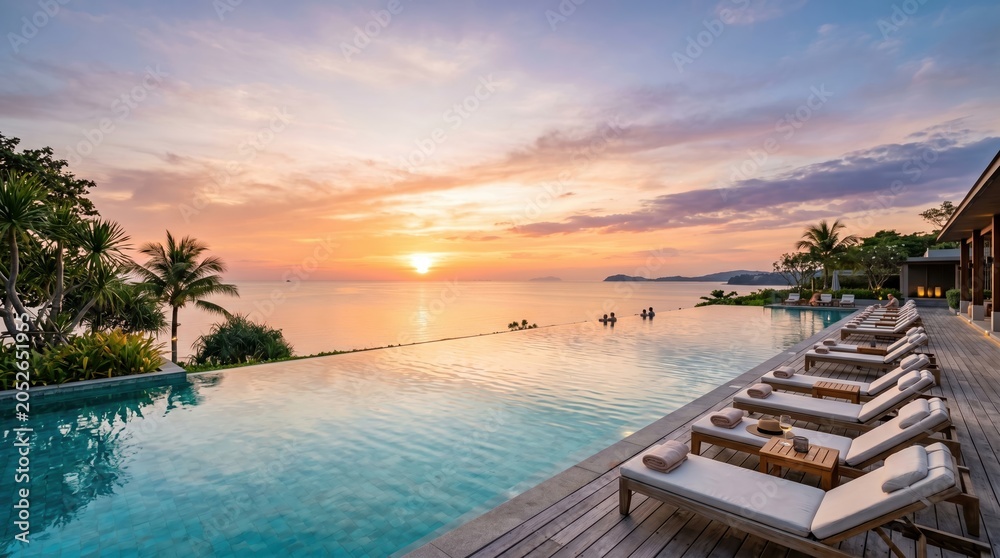 Fototapeta premium Tropical Luxury Resort Pool at Golden Sunset