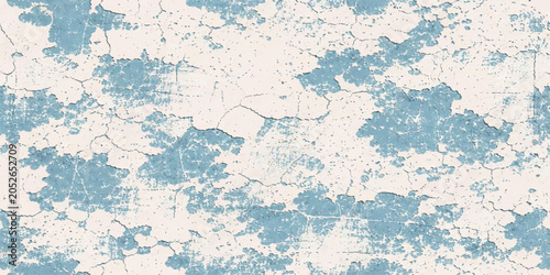 Tableau sur toile Peeling blue and white paint texture on weathered concrete wall with chipped layers, cracked plaster and rough grunge surface forming an abstract vintage background