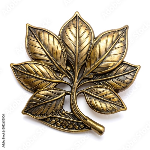 Golden bronze leaf emblem with stem and veins isolated on white