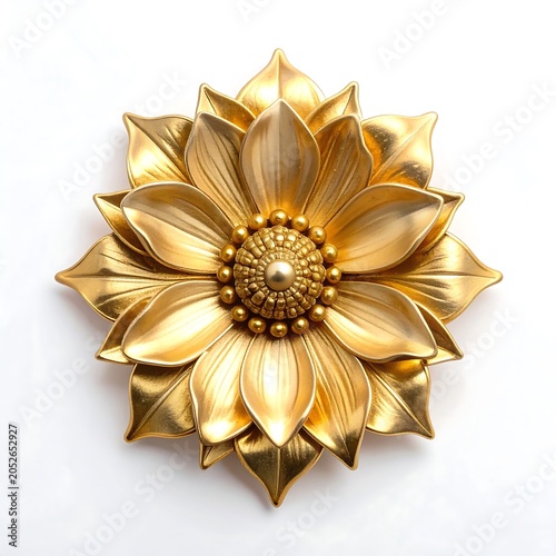Golden metallic flower brooch with pearl center isolated on white