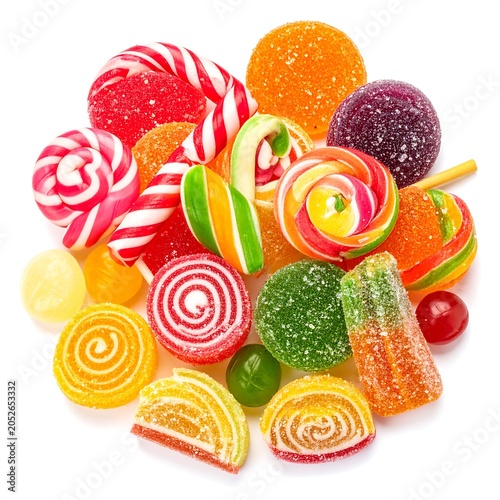 Assorted colorful candies and sweets isolated on white background