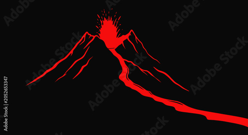 Minimalist red volcano eruption illustration in a black background showing nature's power