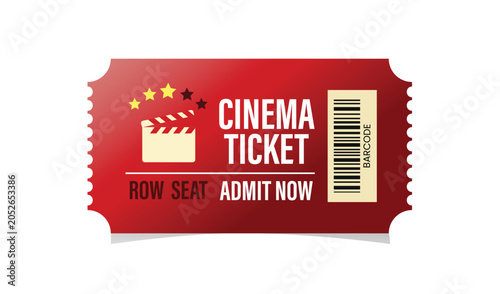 Foto Red cinema ticket with popcorn bucket icon and barcode design