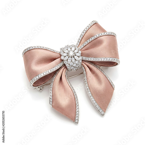 Luxurious pink satin bow brooch with diamond embellishments