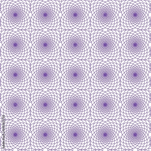Abstract violet line art radial dot seamless geometric pattern.