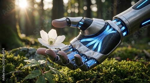 A robotic hand gently touching a delicate white flower in a sunlit forest.