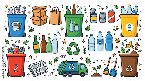 Waste management and recycling doodle icons set