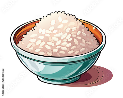 Elegant porcelain bowl of white jasmine rice featuring classic blue pattern accents for authentic oriental restaurant menu layout options - Vector Illustration