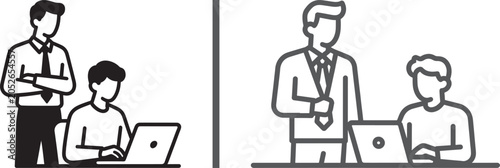 Foto Business manager supervising employee working on laptop vector icon set for offi