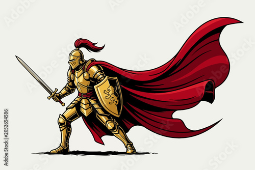 Photos Golden Knight with Sword and Shield Wearing a Red Cape
