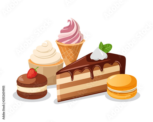 Beautiful tower arrangement of sweet pastry desserts including frosted cupcakes layered cakes and macaroons for wedding catering booklet assets - Vector Illustration