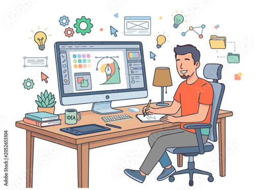 Graphic designer working on computer flat vector illustration