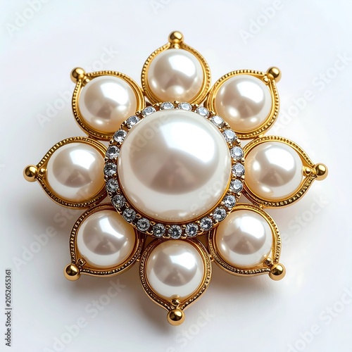 Luxurious gold pearl brooch with diamonds isolated on white background