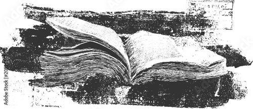 Open antique book with textured pages and a stamped inscription on a dark background