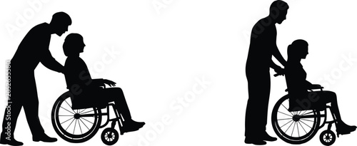 Tableau sur toile Disabled people sitting in wheelchairs with assistants pushing them, medical car
