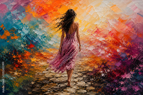 Woman in pink dress walking through a colorful painted world