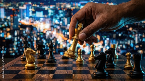 Chess strategy hand moving king piece over cityscape at night