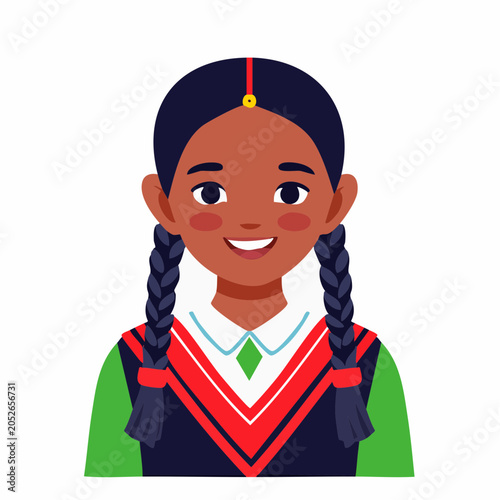Illustration of a smiling Indian girl with braided hair