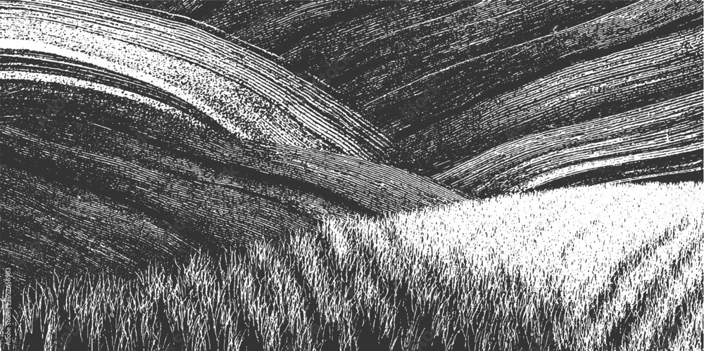 Obraz premium Abstract textured monochrome landscape with rolling hills and grassy foreground black white