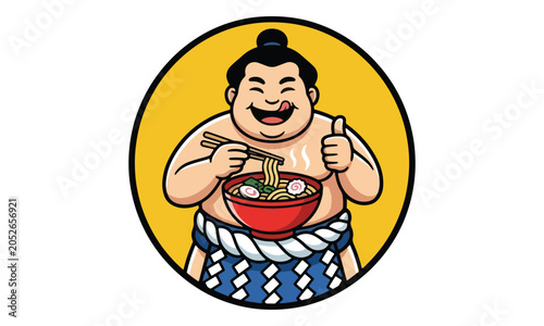 Sumo Wrestler Mascot Eating Ramen Noodles with Thumbs Up Gesture
