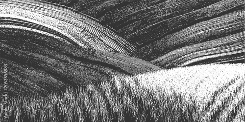 Abstract textured monochrome landscape with rolling hills and grassy foreground black white