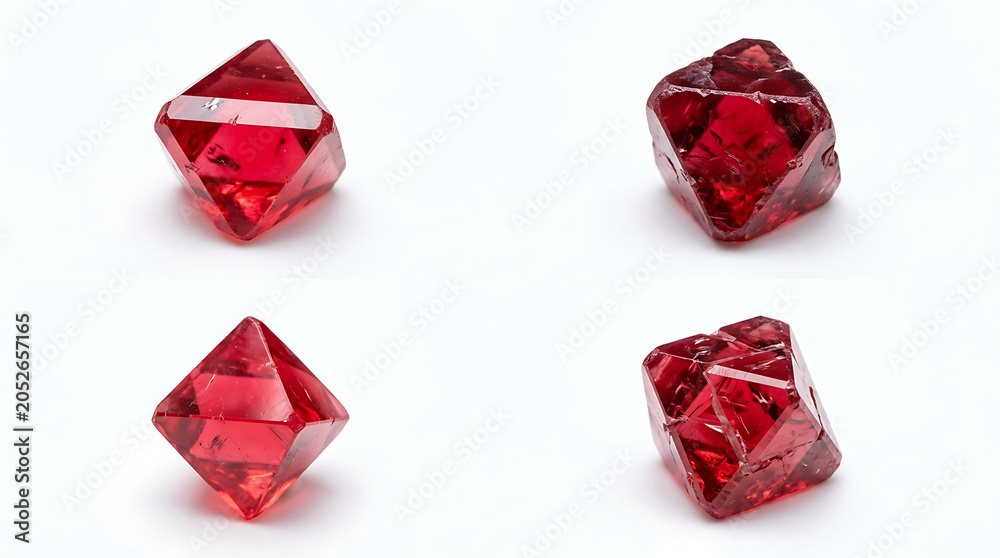 Fototapeta premium Set of Four Natural Raw Red Garnet Gemstone Crystals Isolated on White Background